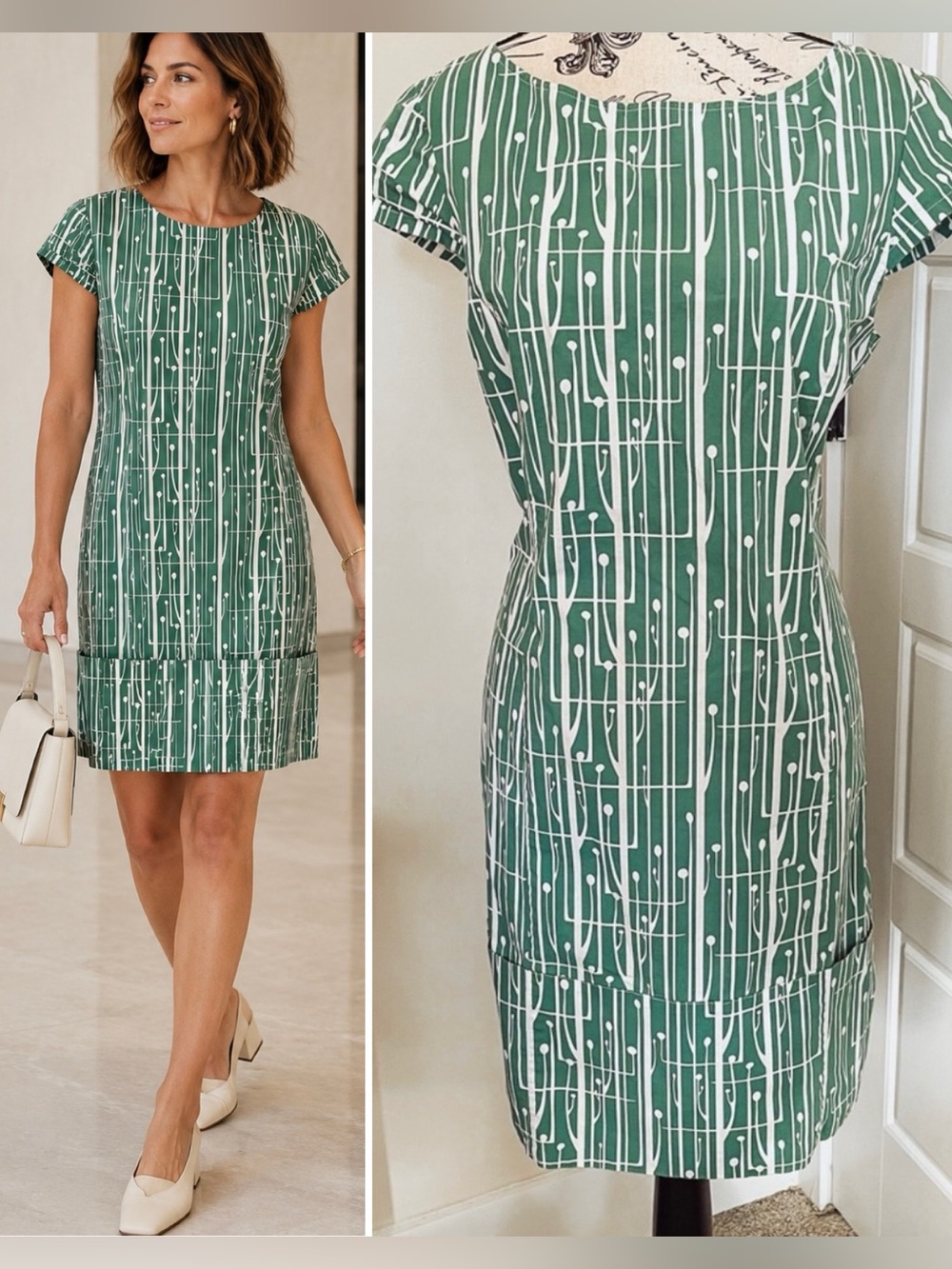 TEX by Max Azria Green Mod Graphic Print Shift Dress Hem Pockets Sz L💚